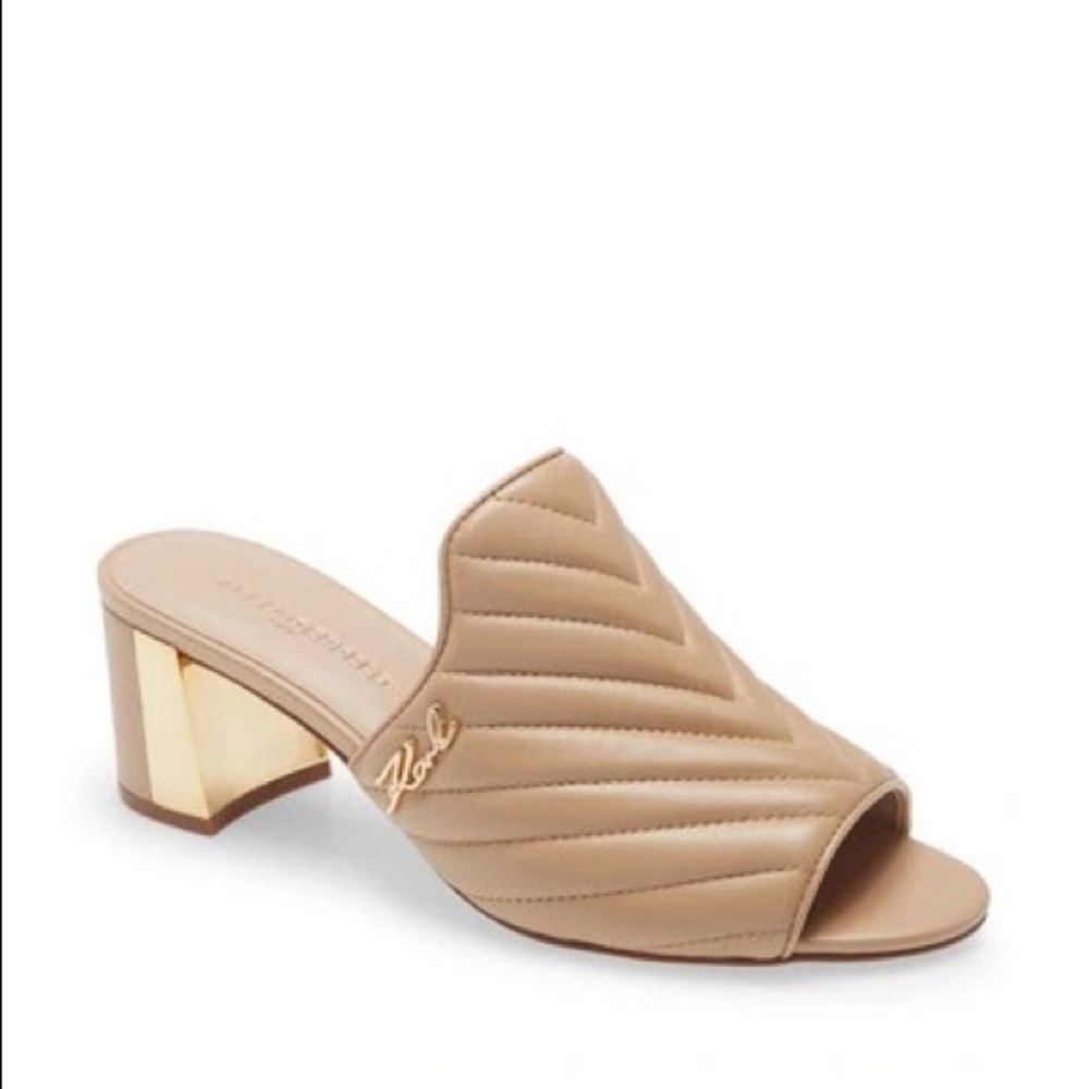 Karl Lagerfeld Quilted Block Heel Open Toe Sandals in Beige Leather NWT